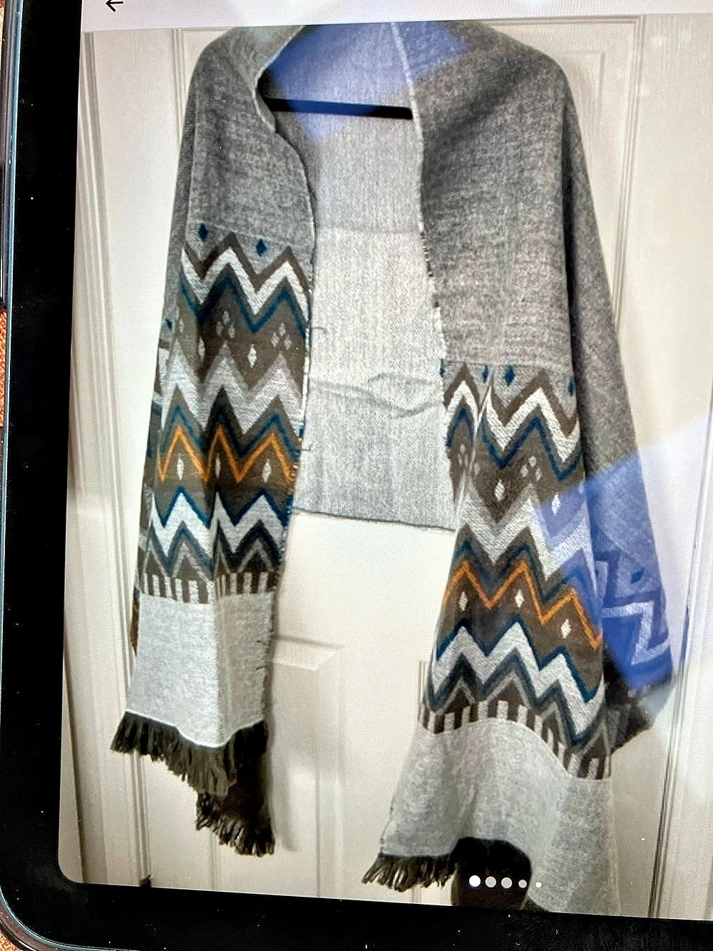 Modena Geometric Fringed Wrap in Gray & Blue NWT
